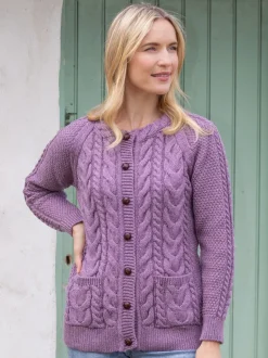 Womens Irish Knitwear|Ladies Cardigans*Sweater Shop Irish Aran Cardigan Lavender