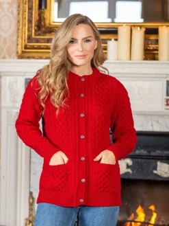 Womens Irish Knitwear|Ladies Cardigans*Sweater Shop Irish Aran Cardigan Red