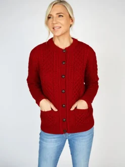 Womens Irish Knitwear|Ladies Cardigans*Sweater Shop Irish Aran Cardigan Red