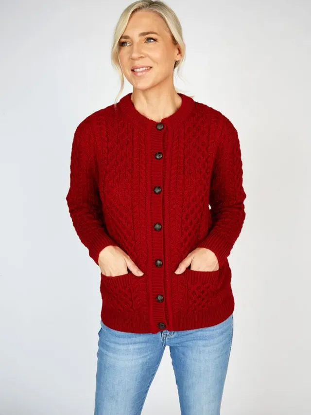 Womens Irish Knitwear|Ladies Cardigans*Sweater Shop Irish Aran Cardigan Red