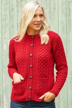 Womens Irish Knitwear|Ladies Cardigans*Sweater Shop Irish Aran Cardigan Red