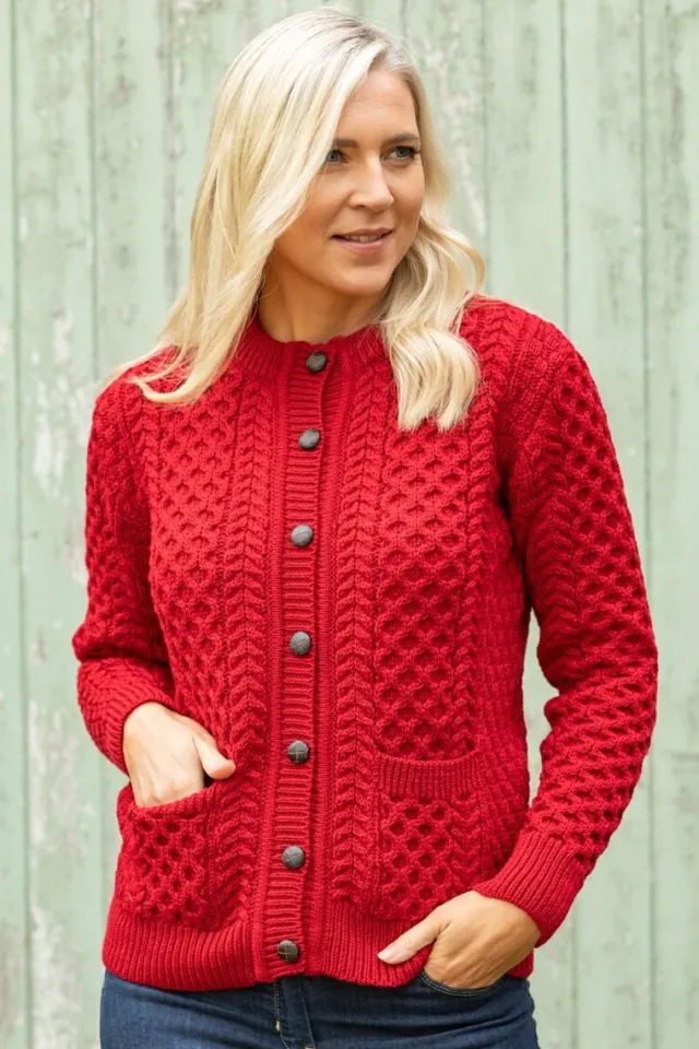 Womens Irish Knitwear|Ladies Cardigans*Sweater Shop Irish Aran Cardigan Red
