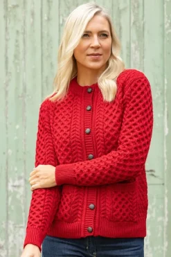 Womens Irish Knitwear|Ladies Cardigans*Sweater Shop Irish Aran Cardigan Red