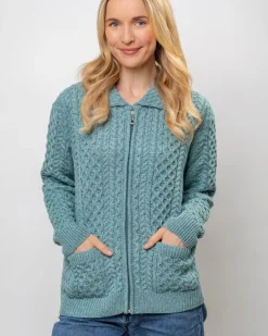 Womens Irish Knitwear|Ladies Cardigans*Sweater Shop Irish Aran Cardigan with Zip - Aqua