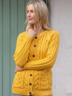 Womens Irish Knitwear|Ladies Cardigans*Sweater Shop Irish Aran Cardigan Yellow