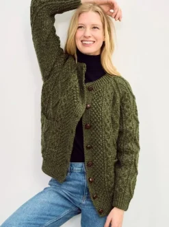 Ladies Cardigans*Sweater Shop Irish Aran Handknit Lumber Cardigan Green