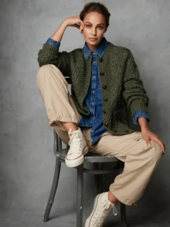 Ladies Cardigans*Sweater Shop Irish Aran Handknit Lumber Cardigan Green