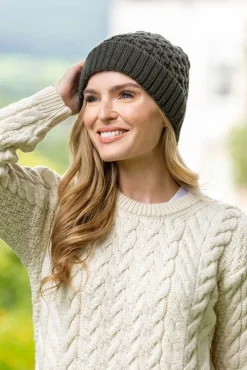 Aran Wool Hats|Ladies Hats*Sweater Shop Irish Aran Hat Army Green