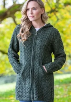Womens Aran & Tweed Coats|Womens Irish Knitwear*Sweater Shop Irish Aran Hooded Coat Army Green