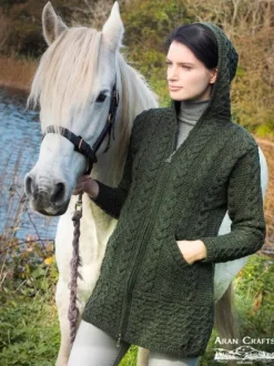 Womens Aran & Tweed Coats|Womens Irish Knitwear*Sweater Shop Irish Aran Hooded Coat Army Green