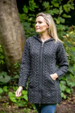 Womens Aran & Tweed Coats|Womens Irish Knitwear*Sweater Shop Irish Aran Hooded Coat Charcoal