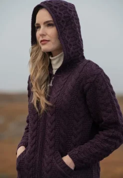 Womens Aran & Tweed Coats|Womens Irish Knitwear*Sweater Shop Irish Aran Hooded Coat Damson