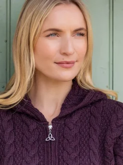 Womens Aran & Tweed Coats|Womens Irish Knitwear*Sweater Shop Irish Aran Hooded Coat Damson