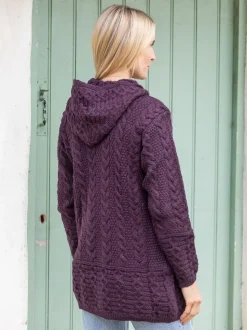 Womens Aran & Tweed Coats|Womens Irish Knitwear*Sweater Shop Irish Aran Hooded Coat Damson