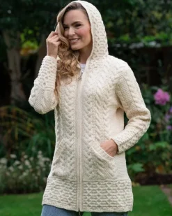 Womens Aran & Tweed Coats|Womens Irish Knitwear*Sweater Shop Irish Aran Hooded Coat Natural