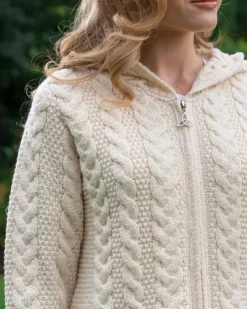 Womens Aran & Tweed Coats|Womens Irish Knitwear*Sweater Shop Irish Aran Hooded Coat Natural