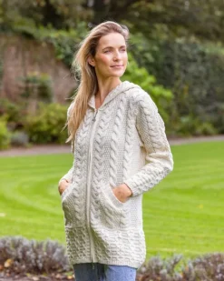 Womens Aran & Tweed Coats|Womens Irish Knitwear*Sweater Shop Irish Aran Hooded Coat Natural