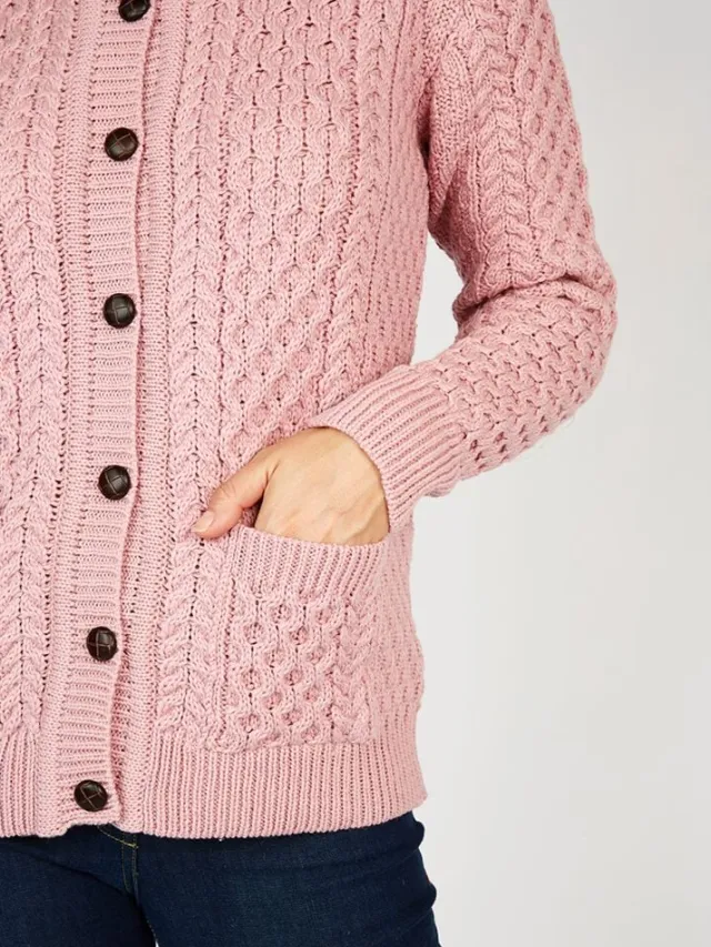 Womens Irish Knitwear|Ladies Cardigans*Sweater Shop Irish Aran Lumber Cardigan Rose 1505