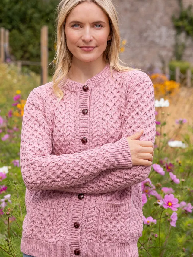 Womens Irish Knitwear|Ladies Cardigans*Sweater Shop Irish Aran Lumber Cardigan Rose 1505