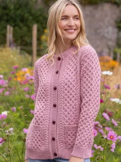 Womens Irish Knitwear|Ladies Cardigans*Sweater Shop Irish Aran Lumber Cardigan Rose 1505