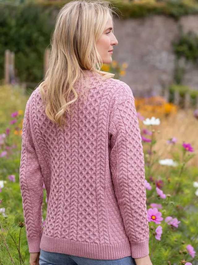 Womens Irish Knitwear|Ladies Cardigans*Sweater Shop Irish Aran Lumber Cardigan Rose 1505