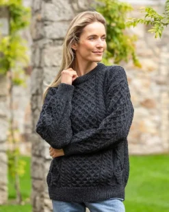 Womens Irish Knitwear|Womens Aran Fisherman Sweaters*Sweater Shop Irish Aran Unisex Sweater Charcoal
