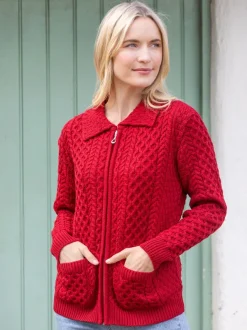 Womens Irish Knitwear|Ladies Cardigans*Sweater Shop Irish Aran Zip Cardigan with Collar - Red