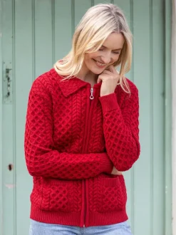 Womens Irish Knitwear|Ladies Cardigans*Sweater Shop Irish Aran Zip Cardigan with Collar - Red