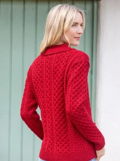 Womens Irish Knitwear|Ladies Cardigans*Sweater Shop Irish Aran Zip Cardigan with Collar - Red