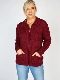 Womens Irish Knitwear*Sweater Shop Irish Aran Zip with Collar Raspberry