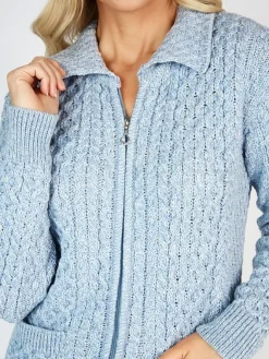 Womens Irish Knitwear|Ladies Cardigans*Sweater Shop Irish Cardigan with Zip Sky Blue