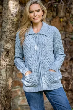Womens Irish Knitwear|Ladies Cardigans*Sweater Shop Irish Cardigan with Zip Sky Blue