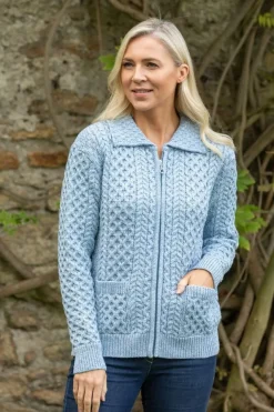 Womens Irish Knitwear|Ladies Cardigans*Sweater Shop Irish Cardigan with Zip Sky Blue