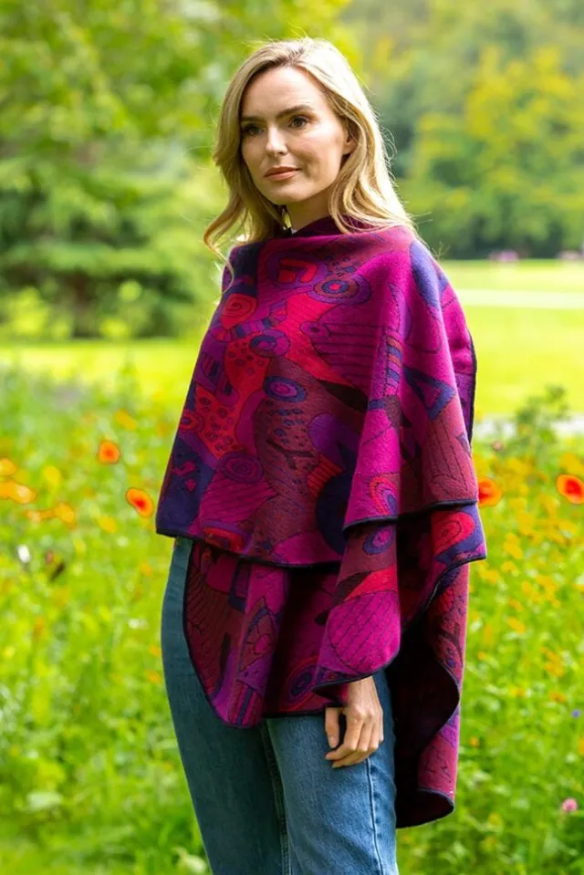 Ladies Aran Ponchos & Capes*Sweater Shop Irish Celtic Design Shawl - Fuchsia