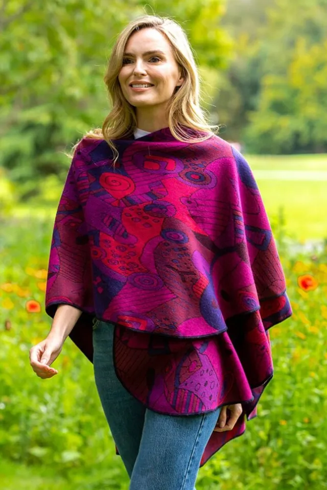 Ladies Aran Ponchos & Capes*Sweater Shop Irish Celtic Design Shawl - Fuchsia