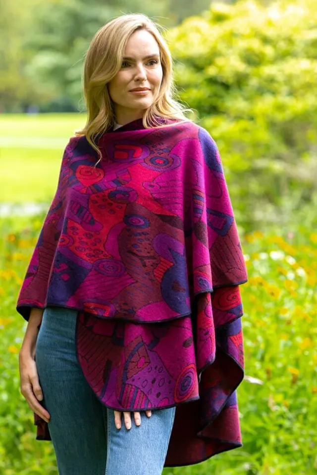 Ladies Aran Ponchos & Capes*Sweater Shop Irish Celtic Design Shawl - Fuchsia