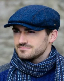 Aran Wool Hats|Mens Caps*Sweater Shop Kerry Peak Cap Blue Herringbone Col: 34