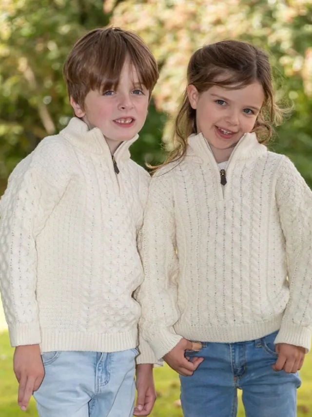 Kids Aran Sweaters*Sweater Shop Kids Aran Half Zip Sweater Natural