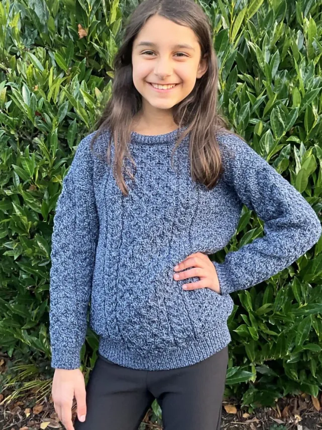 Kids Aran Sweaters*Sweater Shop Kids Aran Sweater Merino Wool - Denim Marl