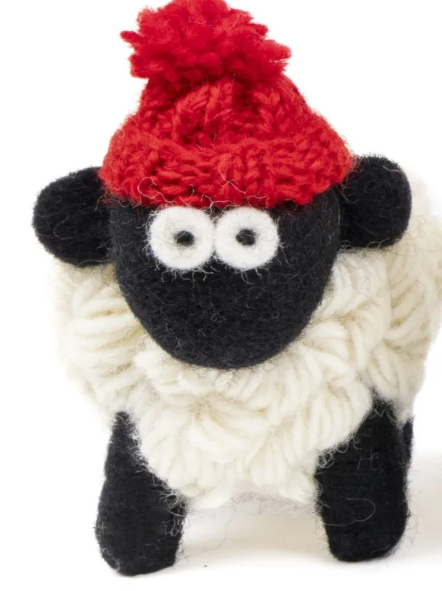Sheep Toys And Gifts*Sweater Shop Knitted Sheep with Bobble Hat Red - Medium