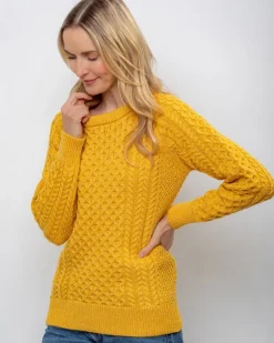 Womens Aran Fisherman Sweaters*Sweater Shop Ladies 100% Merino Wool Aran Sweater Sunshine