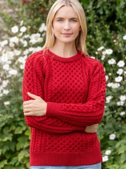 Womens Irish Knitwear|Womens Aran Fisherman Sweaters*Sweater Shop Ladies 100% Merino Wool Aran Sweater Red