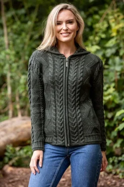 Womens Irish Knitwear|Ladies Cardigans*Sweater Shop Ladies Aran Hooded Cardigan With Cladagh Zip