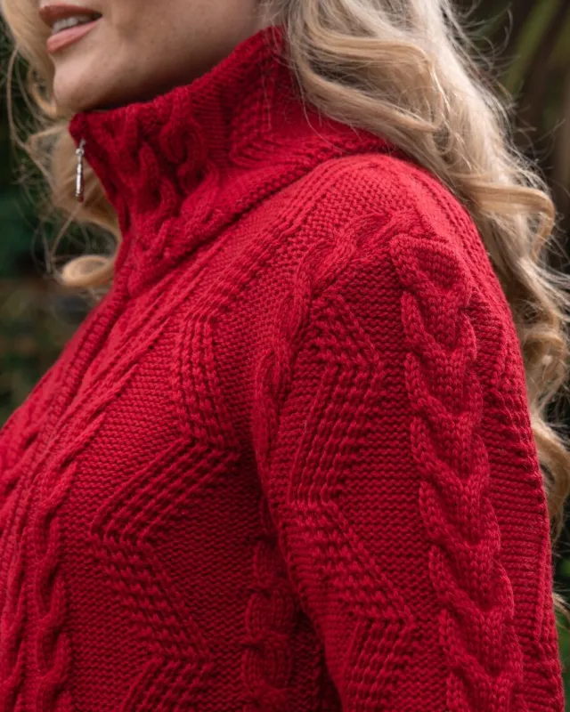 Womens Irish Knitwear*Sweater Shop Ladies Aran Turtleneck Zip Cardigan Red