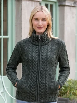 Ladies Cardigans|Womens Irish Knitwear*Sweater Shop Ladies Aran Turtleneck Zip Cardigan - Army Green