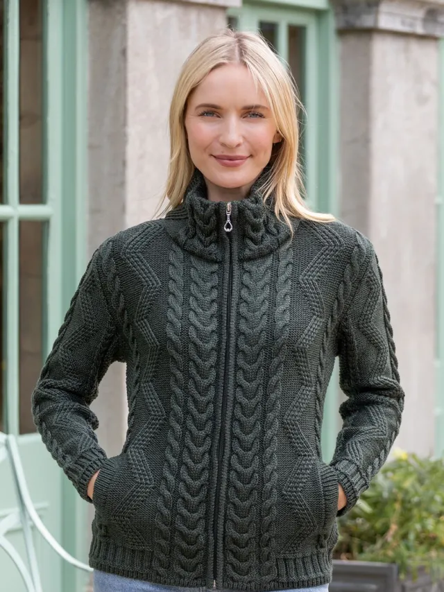 Ladies Cardigans|Womens Irish Knitwear*Sweater Shop Ladies Aran Turtleneck Zip Cardigan - Army Green
