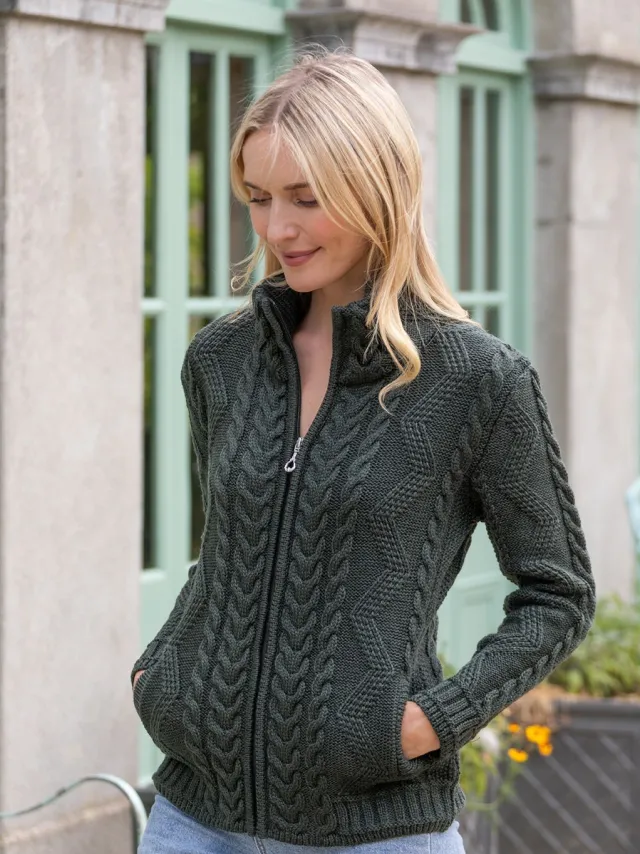 Ladies Cardigans|Womens Irish Knitwear*Sweater Shop Ladies Aran Turtleneck Zip Cardigan - Army Green