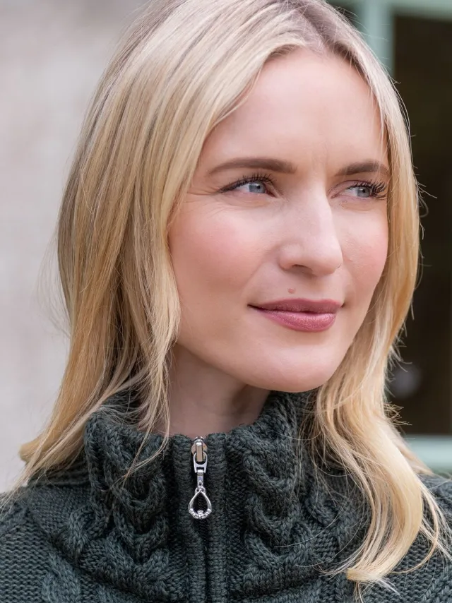 Ladies Cardigans|Womens Irish Knitwear*Sweater Shop Ladies Aran Turtleneck Zip Cardigan - Army Green