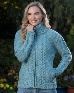Womens Irish Knitwear|Ladies Cardigans*Sweater Shop Ladies Aran Turtleneck Zip Aqua
