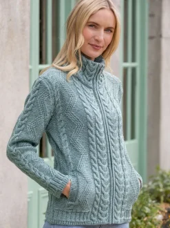 Womens Irish Knitwear|Ladies Cardigans*Sweater Shop Ladies Aran Turtleneck Zip Aqua